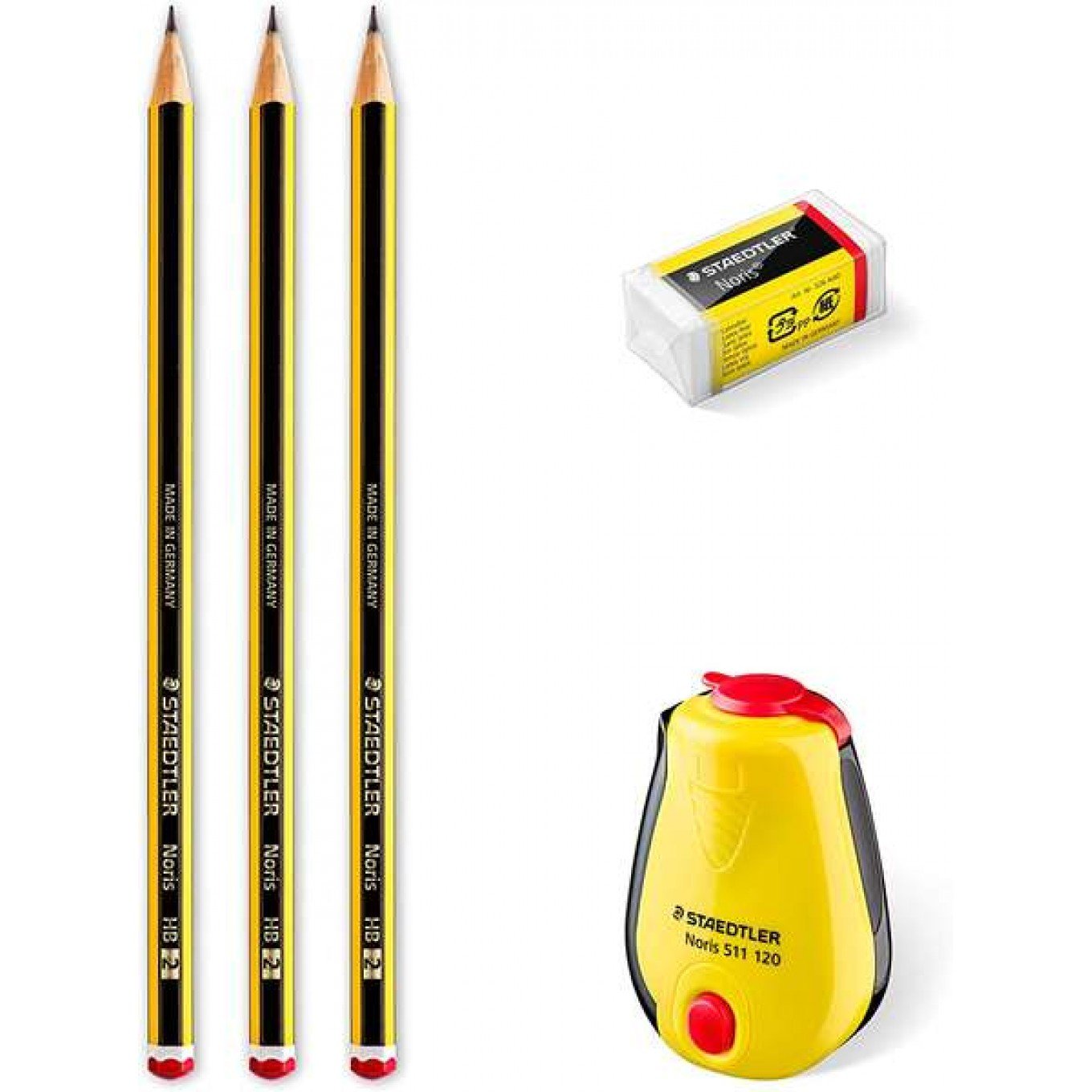 Confezione da 3 matite di grafite esagonali + gomma + temperamatite - mina ultra forte da 2 mm HB Staedtler Noris 120