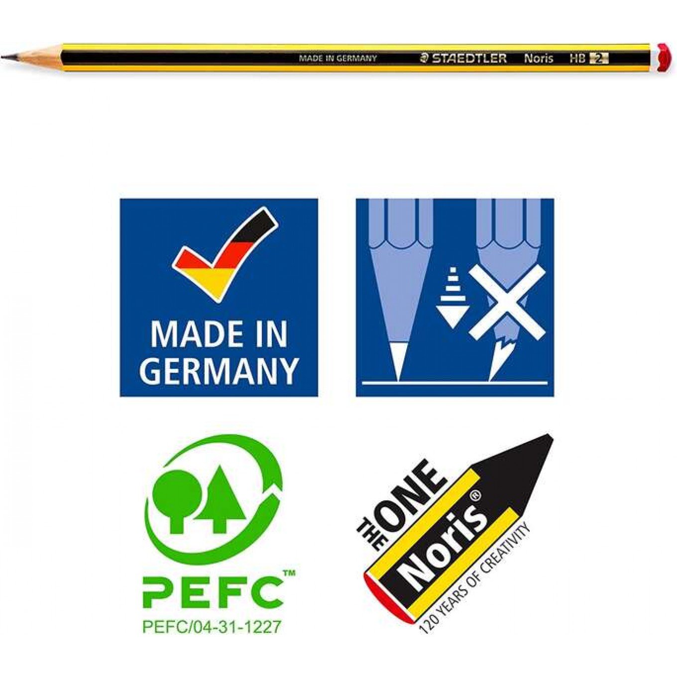 Confezione da 3 matite di grafite esagonali + gomma + temperamatite - mina ultra forte da 2 mm HB Staedtler Noris 120