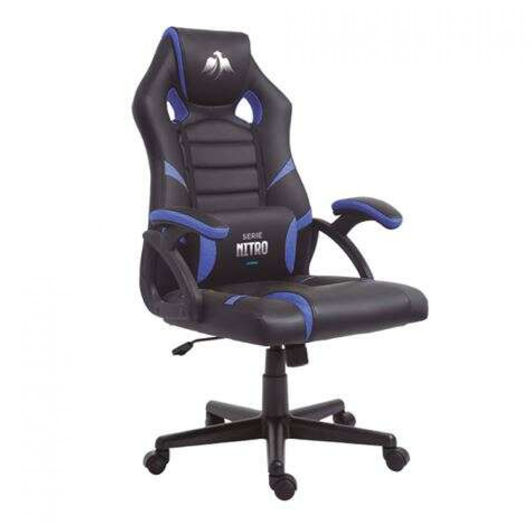 Sedia da gaming serie Cromad Nitro - Altezza regolabile con pistone a gas di classe 2 - Cuscino lombare - Colore Nero/Blu