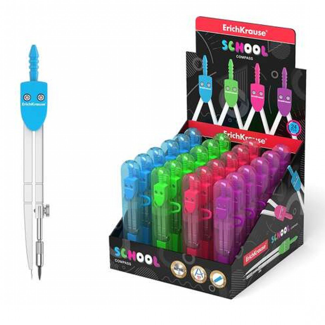 Compasso scolastico in metallo Erichkrause 120 mm - Raggio massimo 18 cm - Custodia in plastica con righello incluso - Colori neon