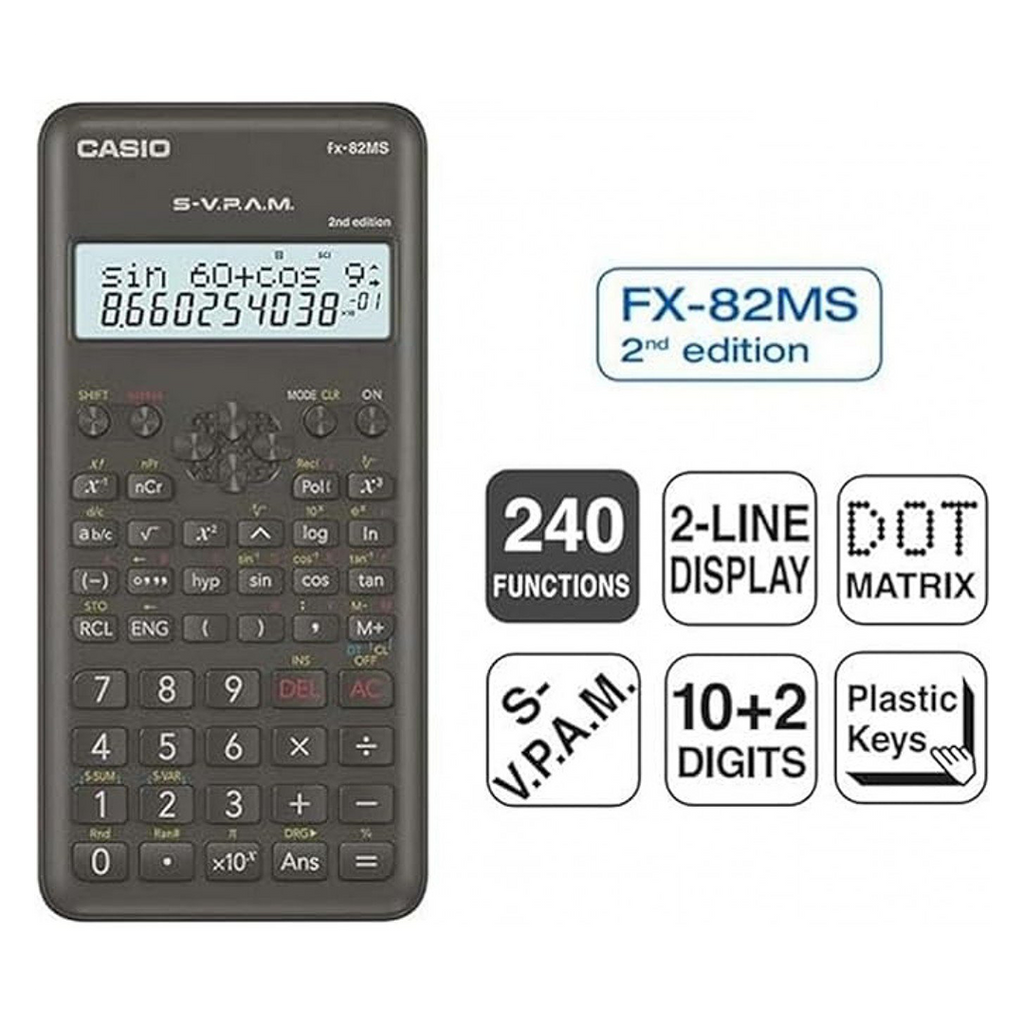 Calcolatrice Scientifica Casio FX-82MS 2a Ed. - Schermo LCD a 2 Righe - 240 Funzioni Integrate - 8 Memorie Variabili - Calcolo Percentuale - Alimentazione: 1 Batteria AA