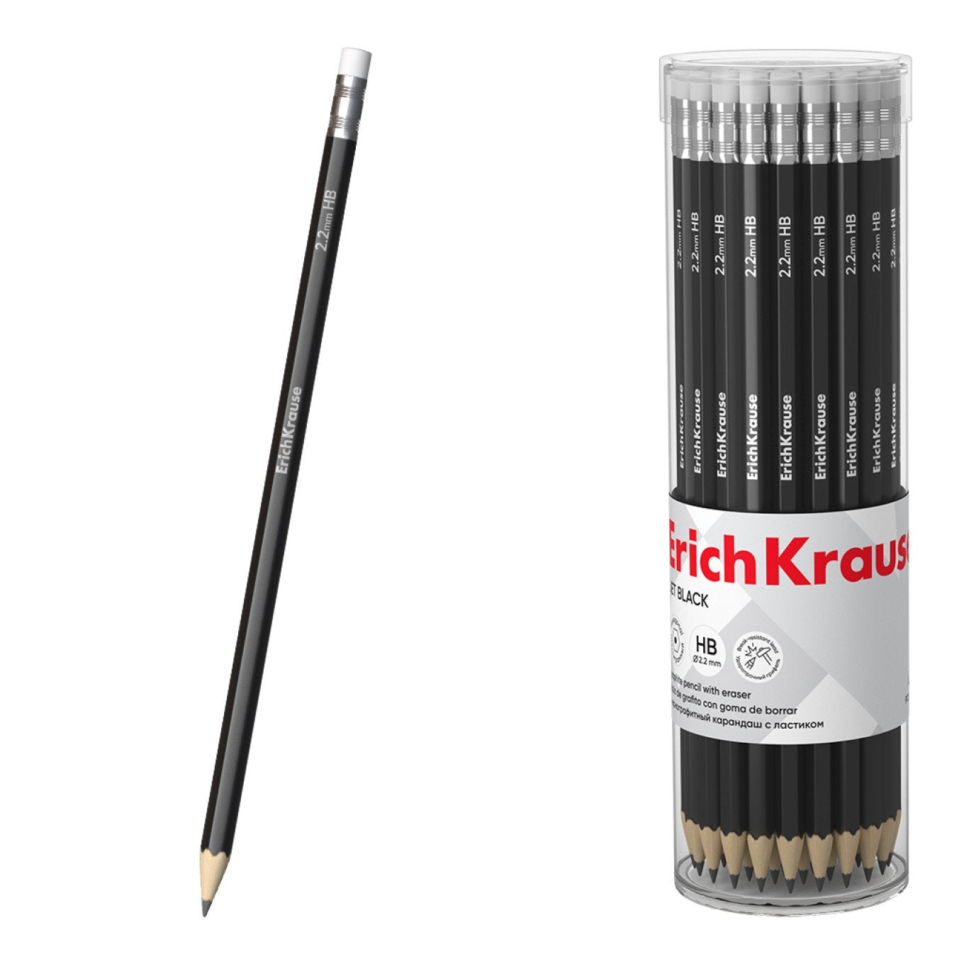 Matita di grafite ErichKrause Jet Black, esagonale, con gomma HB (tubo da 42 pezzi)
