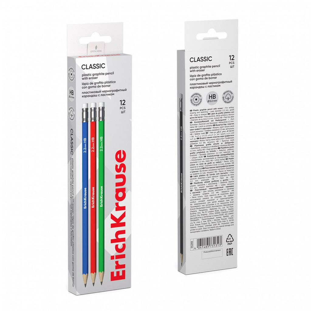 Matita di grafite in plastica ErichKrause Classic, esagonale, con gomma, HB (confezione da 12 pz.)