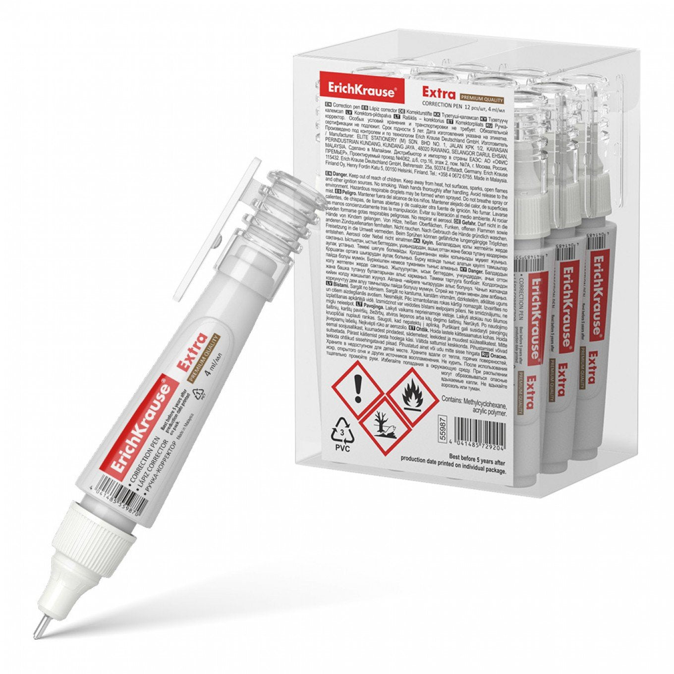 Penna correttore ErichKrause Extra 4ml - Asciugatura rapida - Alta qualità - Resistente al freddo - A base solvente - Colore bianco