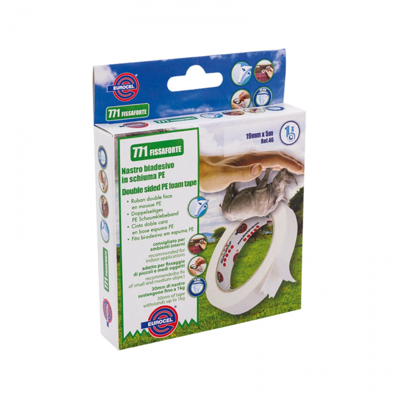 Nastro Eurocel Biadesivo 771 Fissaforte in Schiuma PE 19 mm x 5 metri Pack 1 Rotolo