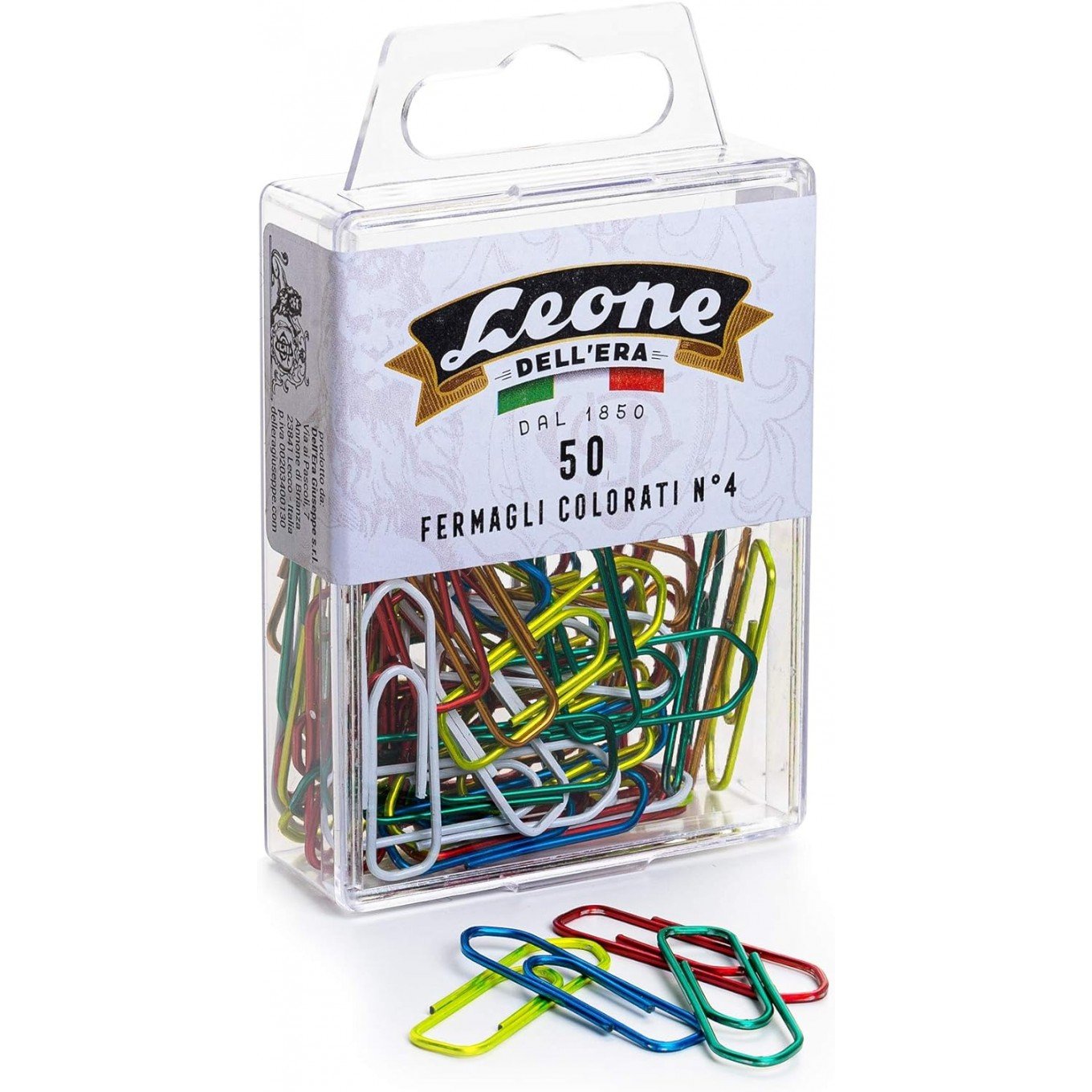 50 Fermagli Colorati Metallizzati Leone Dell'Era N. 4 - mm. 32 - Scatola appendibile - Made in Italy