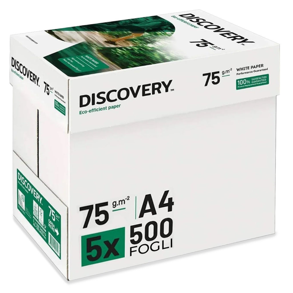 Carta A4 75 gr Discovery Navigator - 5 Risme Per Stampante, Ufficio, Fotocopie, Multiuso - Bianca