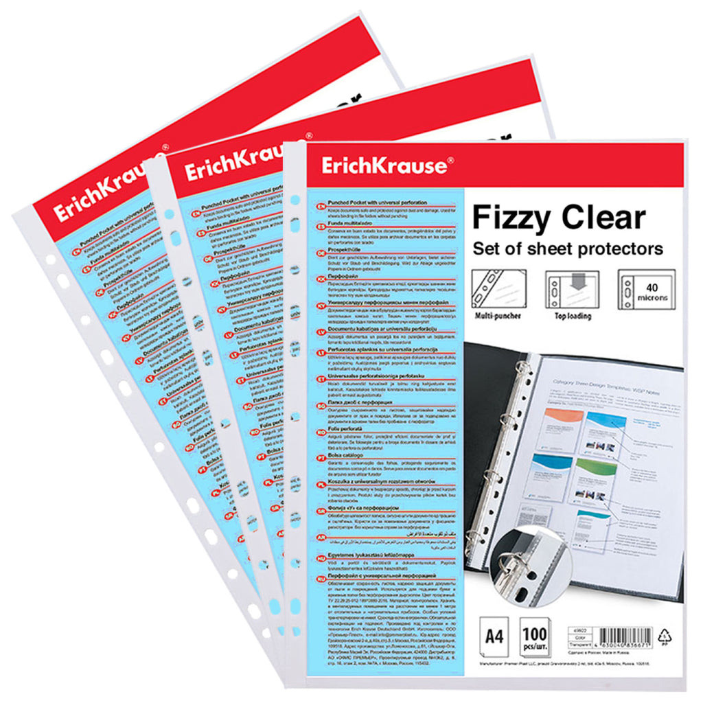 Set di fogli protettivi ErichKrause® Fizzy Clear, 40 mcm, A4 trasparenti (conf. 100 pezzi)