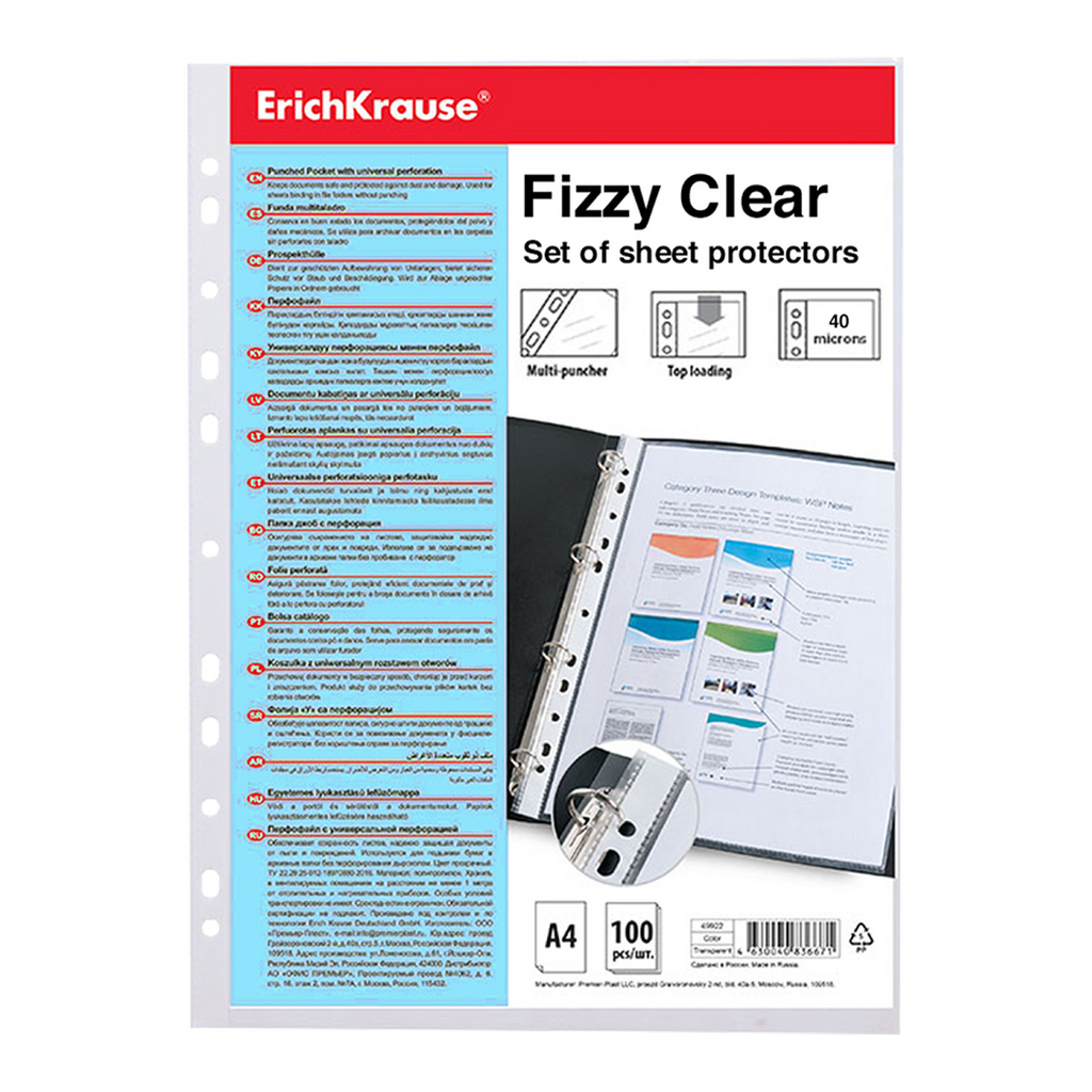 Set di fogli protettivi ErichKrause® Fizzy Clear, 40 mcm, A4 trasparenti (conf. 100 pezzi)