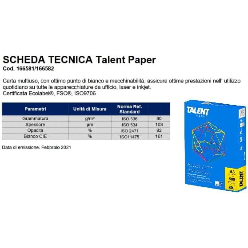 Talent Paper Carta A3 Premium 80gr - Confezione da 1 risma da 500 Fogli - bianca