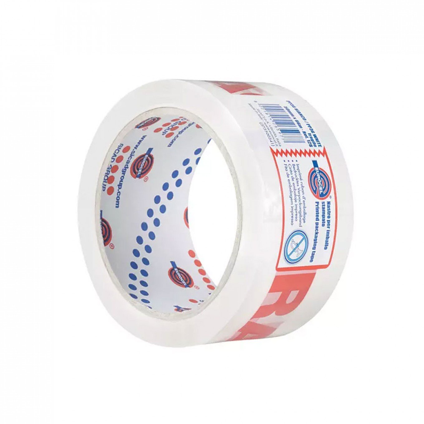 Nastro da Imballo Eurocel Bianco con Scritta Fragile Rossa 50mm di larghezza per 66 metri di lunghezza Adesivo